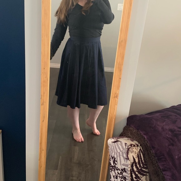 Navy Blue A-line Pleated Skirt with Pockets - Picture 3 of 5